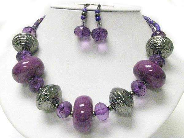 Metal and ceramic chunky stone necklace earring set