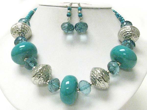 Metal and ceramic chunky stone necklace earring set