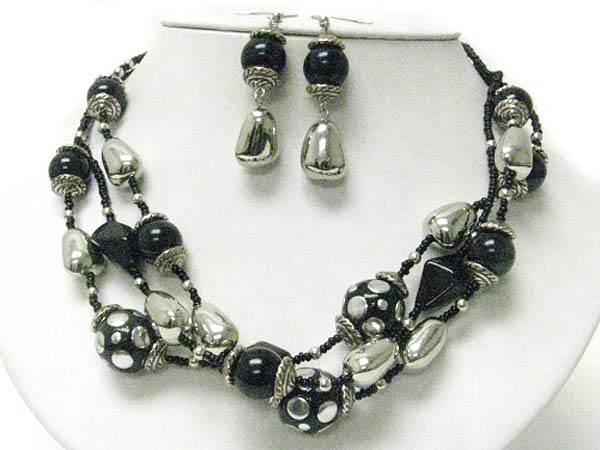 Multi strand metal stud beads and metal nugget link necklace earring set