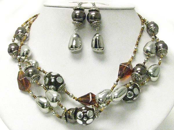 Multi strand metal stud beads and metal nugget link necklace earring set