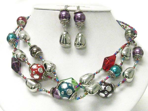 Multi strand metal stud beads and metal nugget link necklace earring set