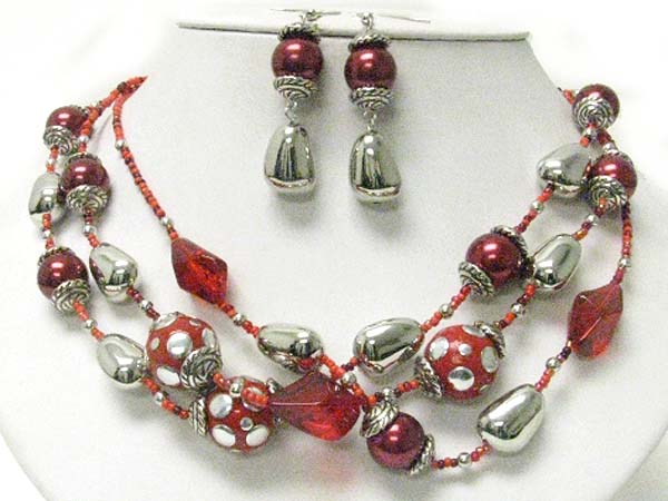 Multi strand metal stud beads and metal nugget link necklace earring set