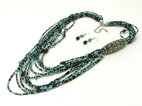 Multi strand seed beads long chain necklace earring set