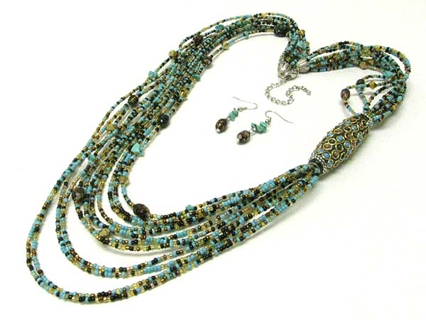 Multi strand seed beads long chain necklace earring set