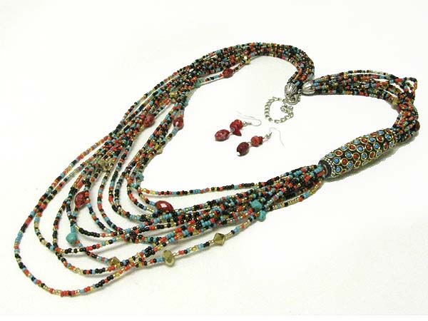 Multi strand seed beads long chain necklace earring set