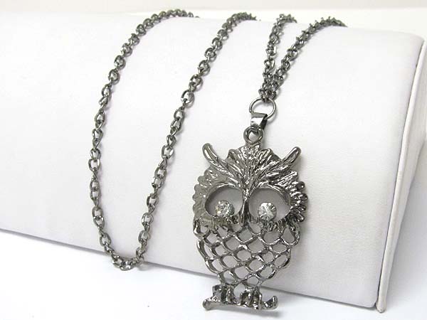 Crystal stud owl pendant long chain necklace