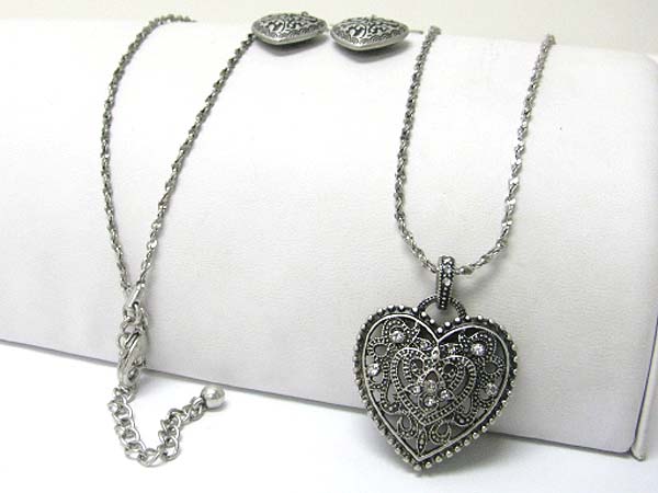 Crystal stud textured metal heart pendant long necklace