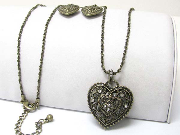 Crystal stud textured metal heart pendant long necklace