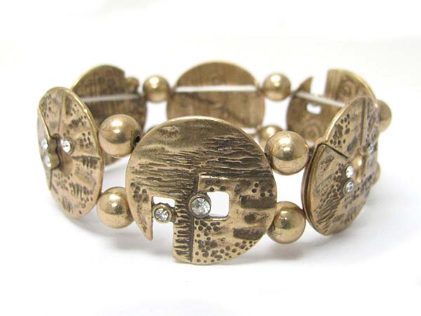 Crystal stud burnish metal art deco stretch bracelet