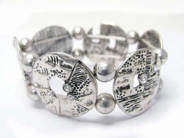 Crystal stud burnish metal art deco stretch bracelet