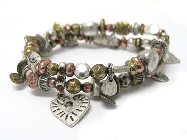 Tri tone metal beads and charm double stretch bracelet