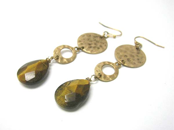 Natural stone and hammered metal disk drop earring