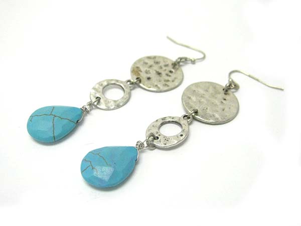 Natural stone and hammered metal disk drop earring