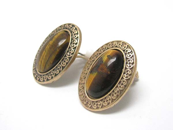 Natural stone and textured metal oval button earring