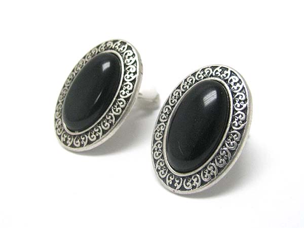 Natural stone and textured metal oval button earring