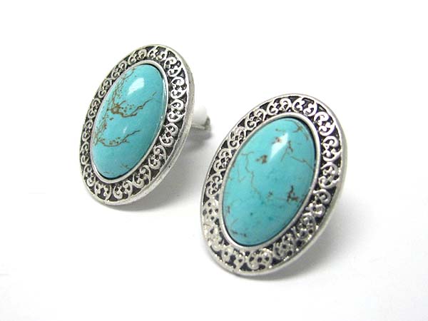 Natural stone and textured metal oval button earring