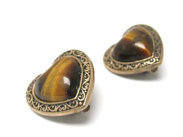 Natural stone and textured metal heart button earring