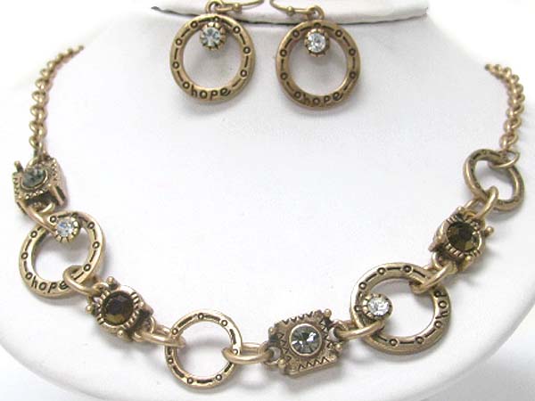 Crystal stud textured metal link necklace earring set 