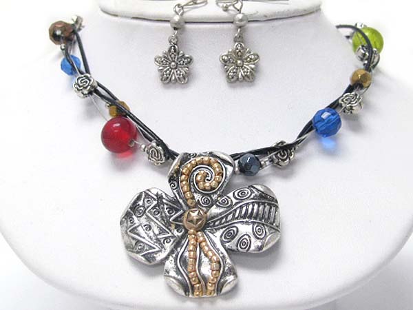 Beads and burnish metal art deco flower pendant multi strand necklace earrign set