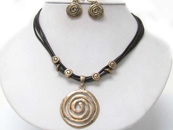 Burnish metal swirl pendant multi cord neckalce set 