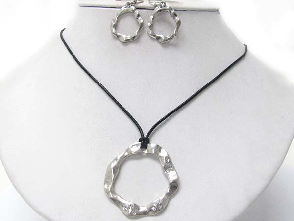 Crystal stud hammered metal hoop pendant cord necklace earring set  - hoops