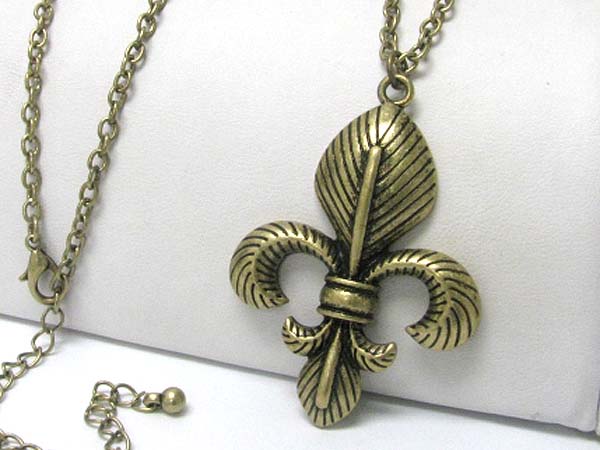 Burnish metal fleur de lis long chain necklace