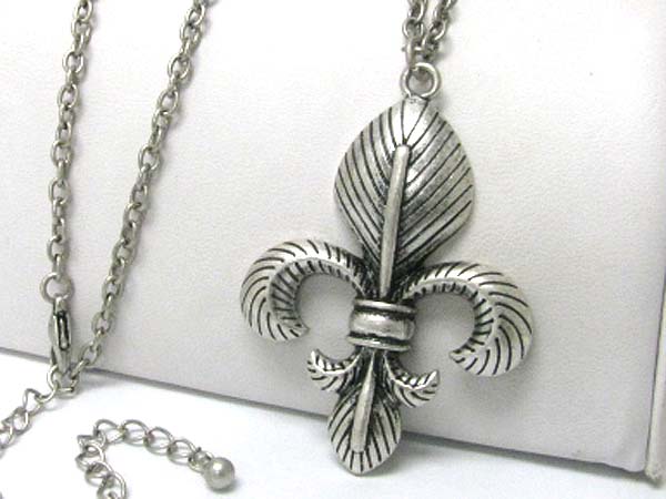 Burnish metal fleur de lis long chain necklace