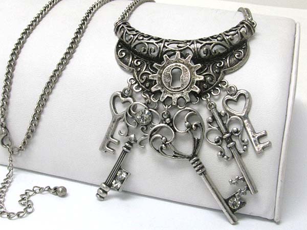 Crystal stud filigree metal  multi keys dangle long chain necklace