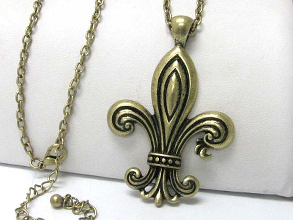 Burnish metal fleur de lis long chain necklace