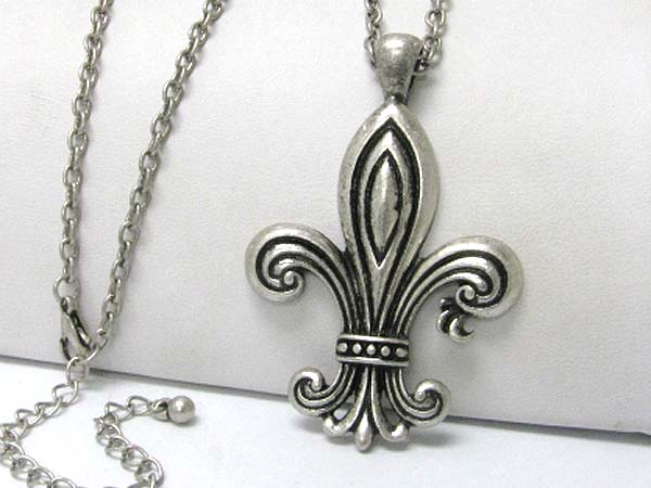 Burnish metal fleur de lis long chain necklace