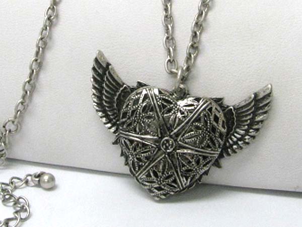 Burnish metal heart and wing pendant long chain necklace