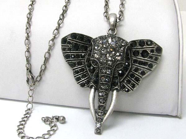 Crystal stud burnish metal elephant pendant long chain necklace