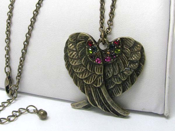 Crystal stud burnish metal dual wings long chain necklace