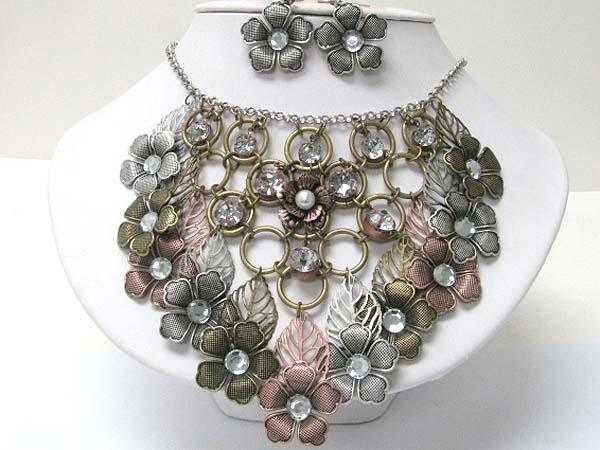 Crystal accent multi burnish metal flower bib style necklace earring set