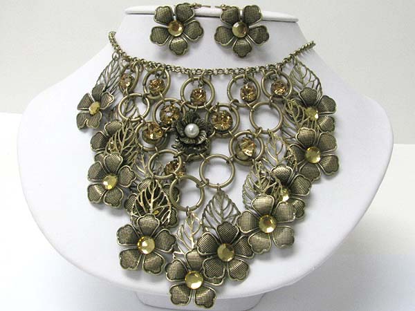 Crystal accent multi burnish metal flower bib style necklace earring set