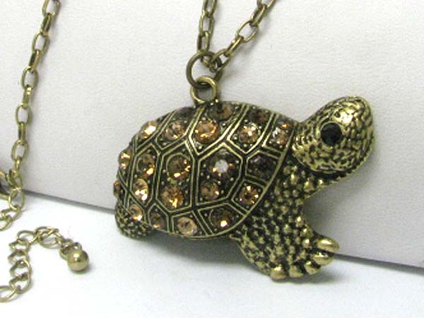 Crystal stud burnish metal turtle pendant long chain necklace