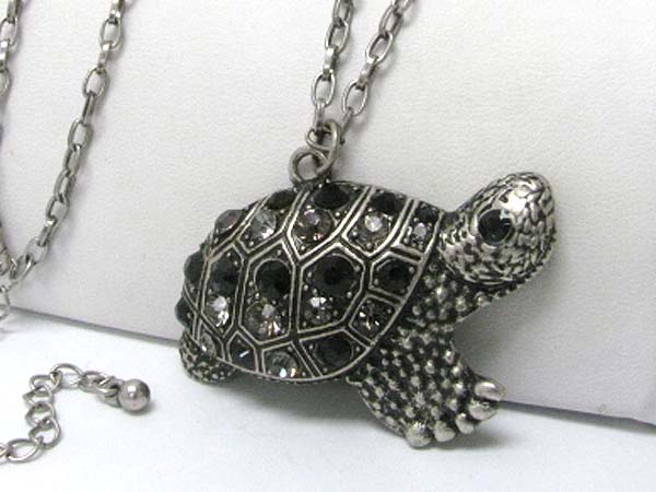 Crystal stud burnish metal turtle pendant long chain necklace