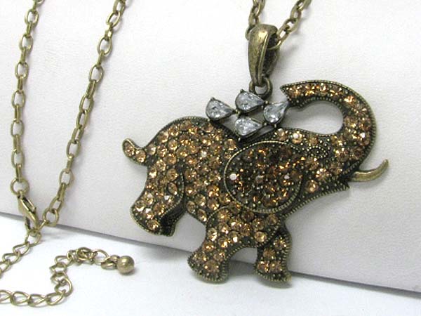 Crystal stud burnish metal elephant pendant long chain necklace