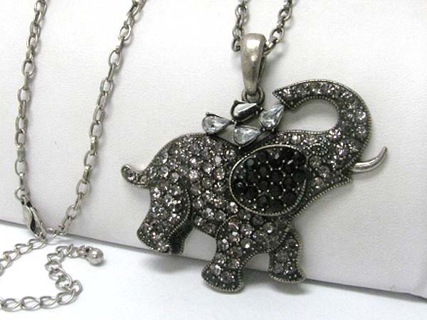 Crystal stud burnish metal elephant pendant long chain necklace