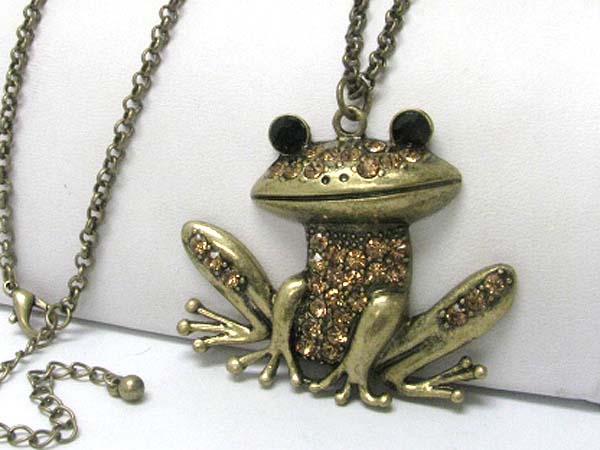 Crystal stud burnish metal frog pendant long chain necklace