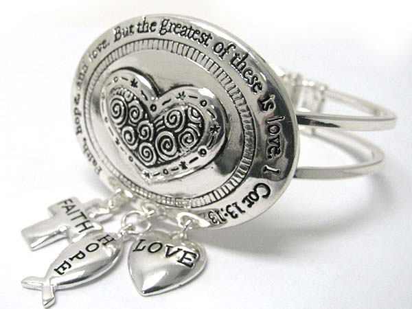 Faith hope love dangle inspiration message oval disk top hinge bangle