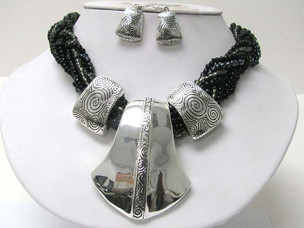 Ethnic style textured metal bar and braided multi beads necklace earring set