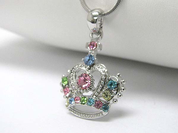 Made in korea whitegold plating multi color crystal crown pendant necklace