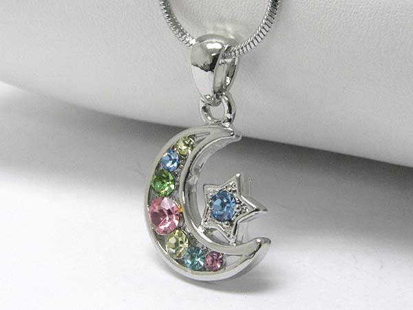 Made in korea whitegold plating multi color crystal moon and star pendant necklace