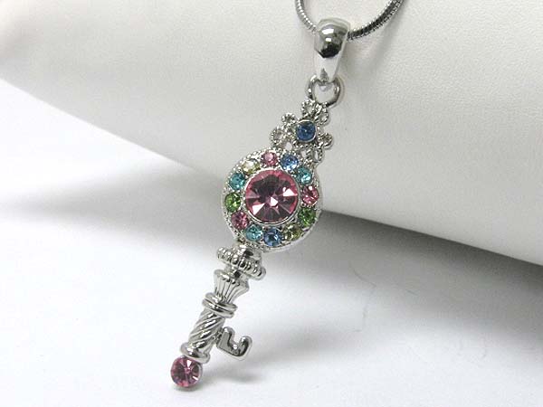 Made in korea whitegold plating multi color crystal key pendant necklace