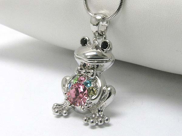 Made in korea whitegold plating multi color crystal frog pendant necklace