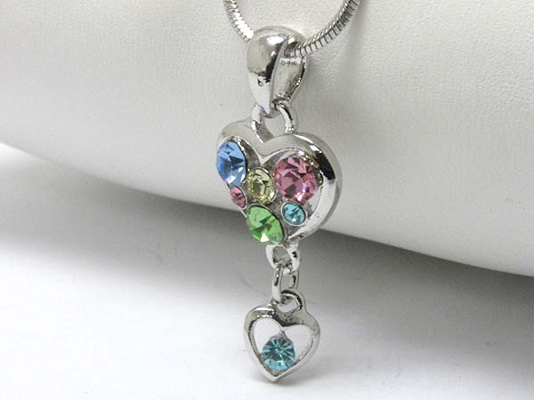 Made in korea whitegold plating multi color crystal dual heart dangle pendant necklace