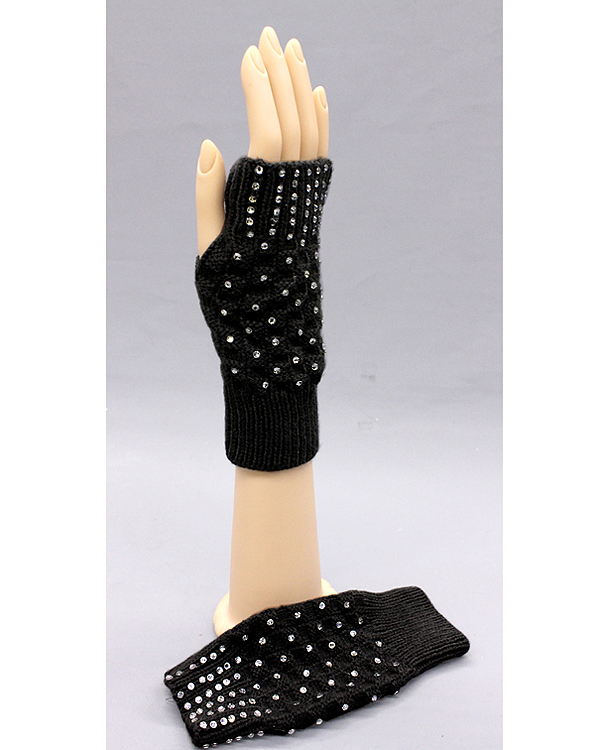 Rhinestone stud fingerless warmer glove -  wool and acrylic mix 