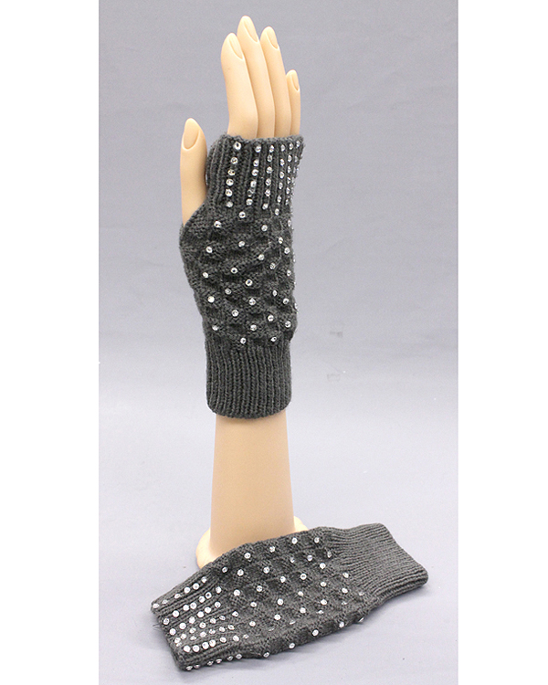 Rhinestone stud fingerless warmer glove -  wool and acrylic mix