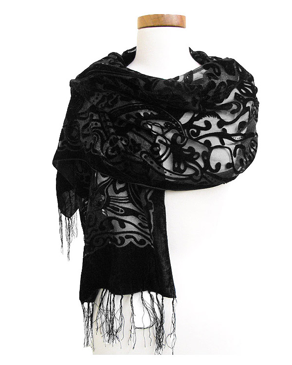 Antique pattern 100% velvet burnout scarf